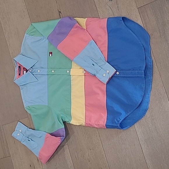 EUC Vintage 90's Tommy Hilfiger Rainbow Stripe Button Down Shirt Women's sz 8 - Picture 1 of 6